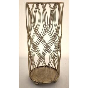 PILLAR CANDLE HOLDER/GLASS VASE HOLDER-Gold Tone-Swirl Design-11" High